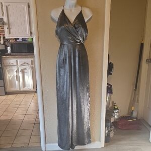 Astr Metallic Silver Halter Jumpsuit